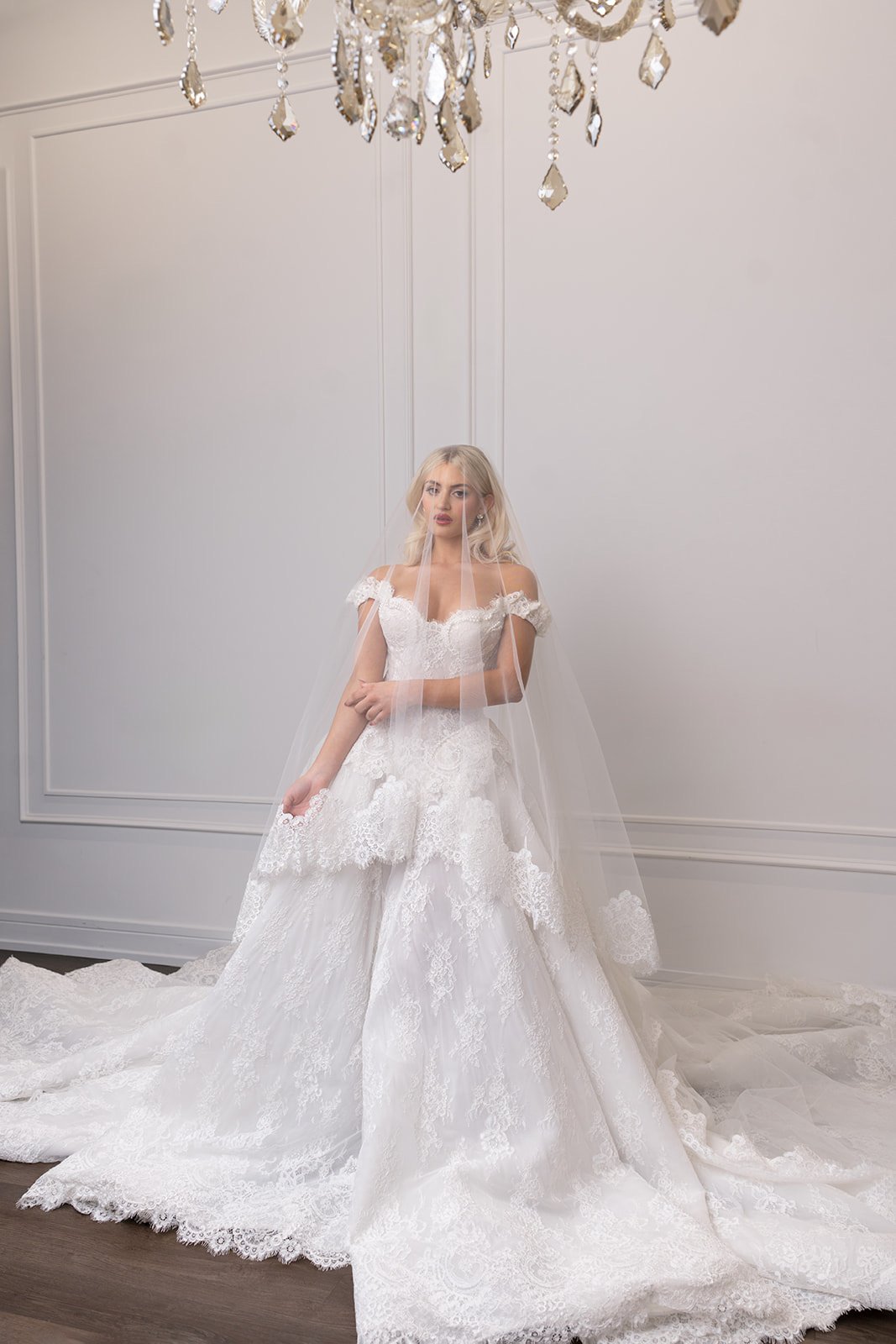 Glam Atelier bridal editorial, chandelier ballgown